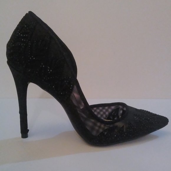 JESSICA SIMPSON 7 BLACK MESH SPARKLY RHINESTONE STILETTO HEELS holiday Christmas - Picture 5 of 16
